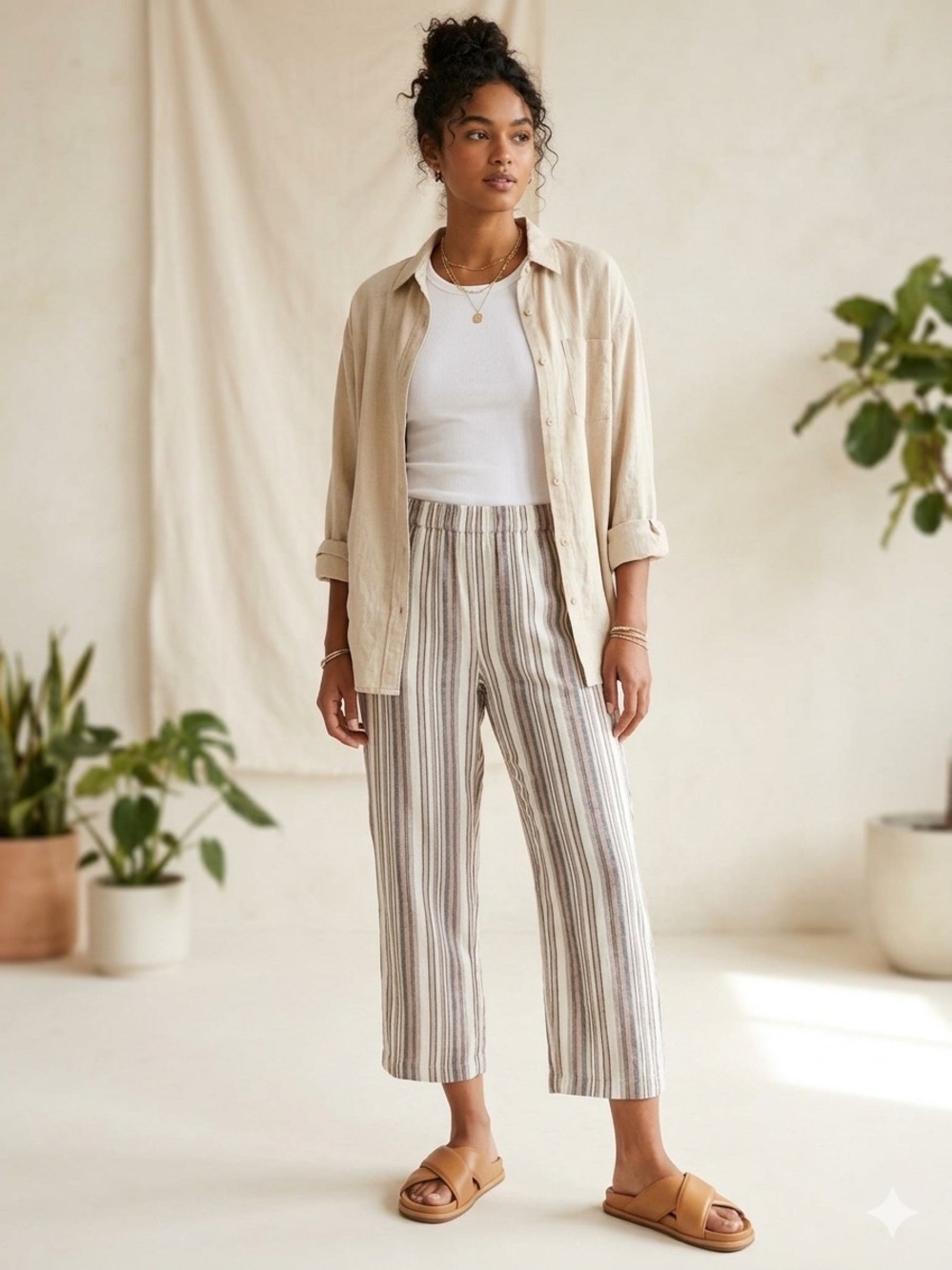 Orvis Linen Blend Pants Wide Leg Brown Striped Neutral Beach Crop Ankle Large